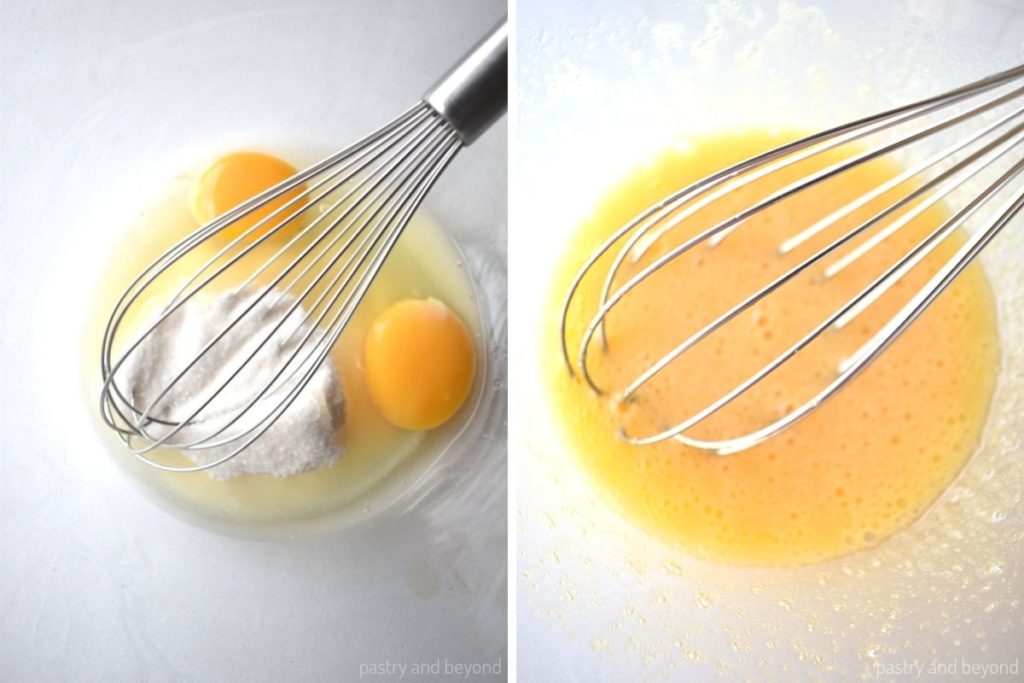 Collage of mixing sugar and eggs with a whisk.