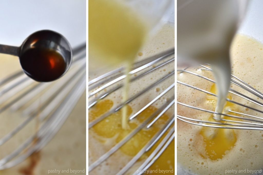Collage of mixing in vanilla extract, milk and melted butter to the egg mixture.