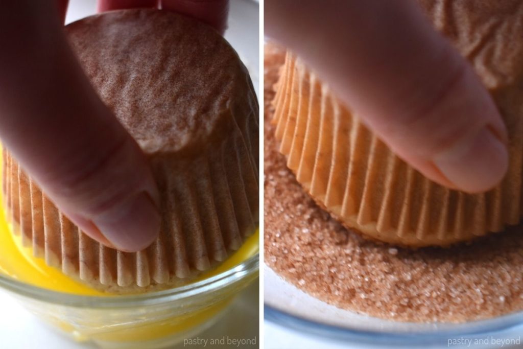 Collage for dipping cinnamon muffin into melted butter and cinnamon sugar.