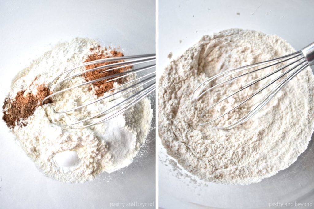 Collage of mixing dry ingredients.