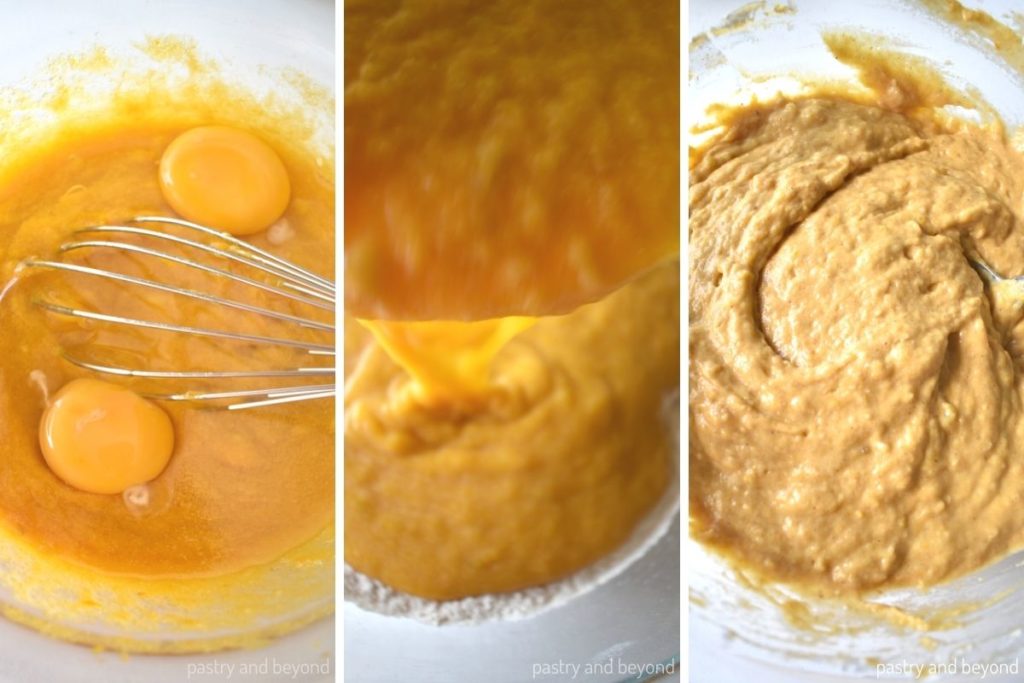 Collage of mixing in eggs to the wet mixture, pouring dry ingredients on top and stirring.