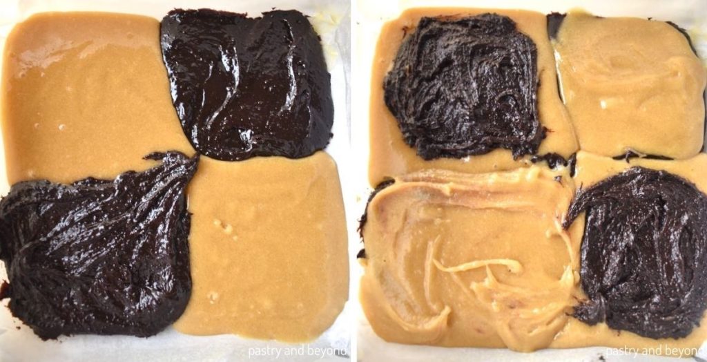 Collage of assembling brownie and blondie batter in a baking pan.