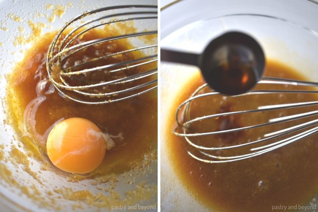 Collage of adding egg over sugar mixture and vanilla extract.