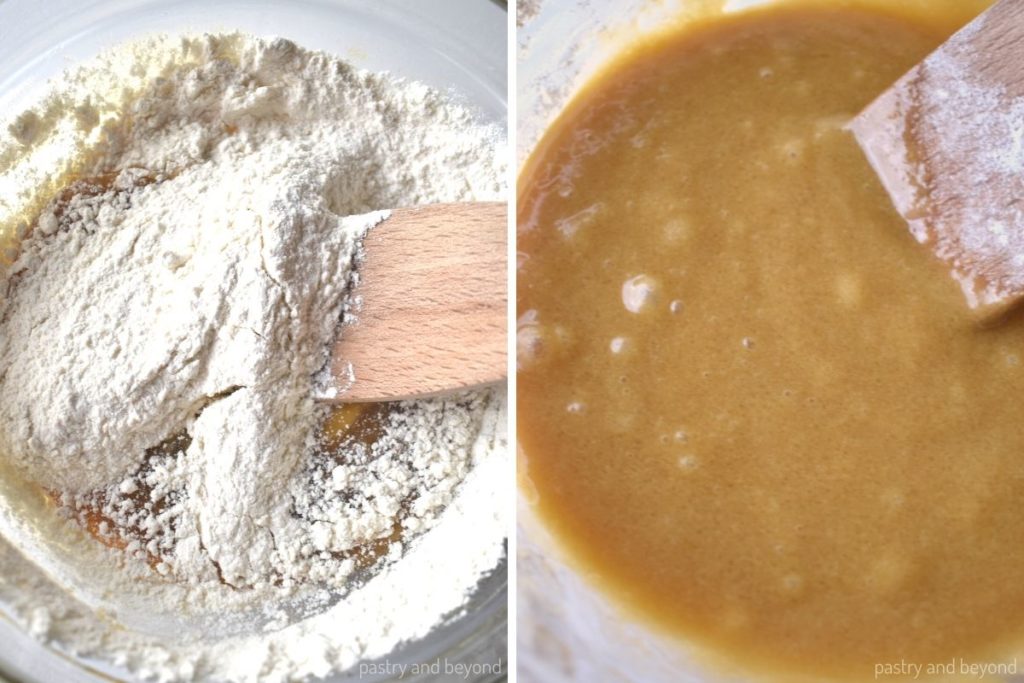 Collage of adding flour over wet mixture and stirring.