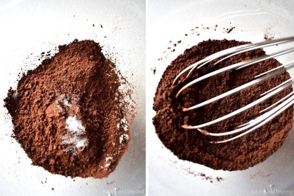 Collage of stirring cocoa powder, flour and salt in a bowl. 