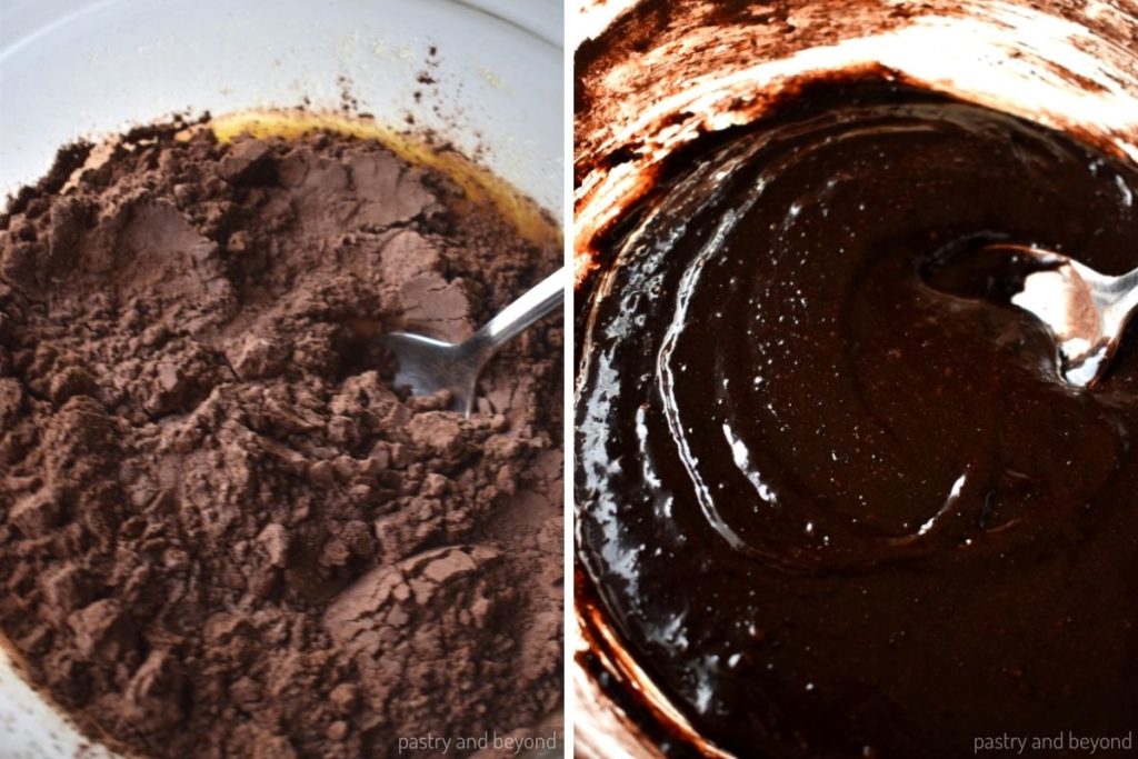 Collage of adding cocoa powder mixture over wet mixture and stirring with a spoon.