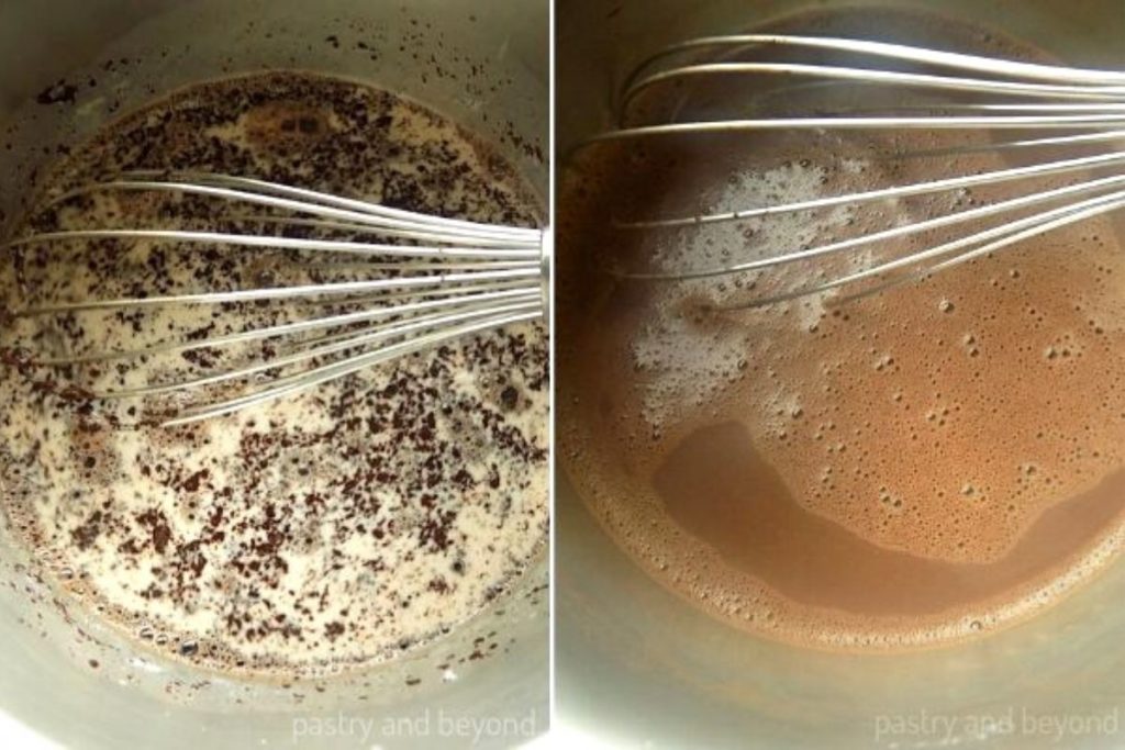 Collage of stirring chopped chocolate and milk with a whisk.