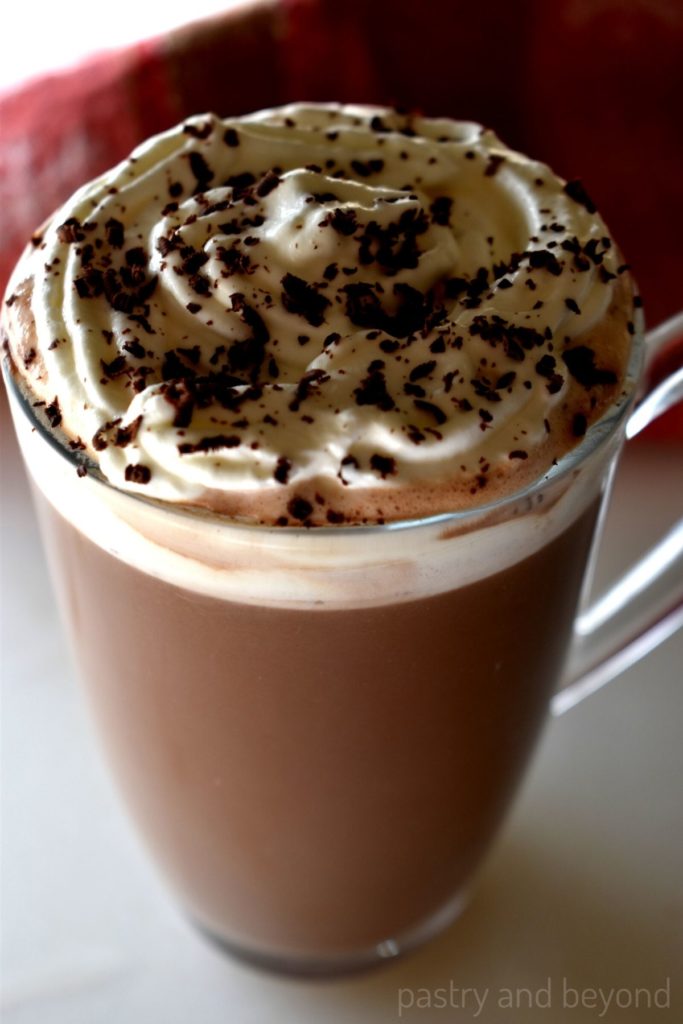 Hot chocolate with whipped cream and grated chocolate on top.