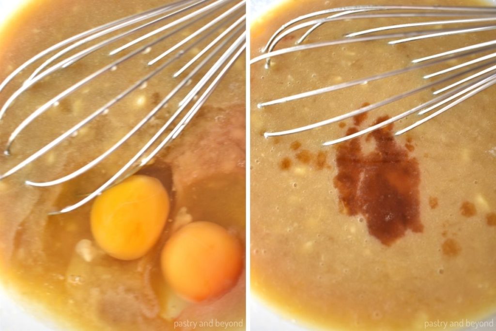 Collage of adding eggs and vanilla extract to the mixture.
