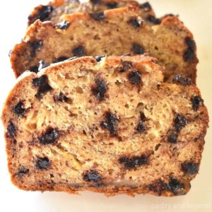 Banana chocolate chip bread slices in a row.