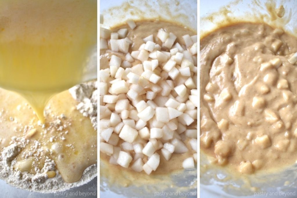 Collage of pouring wet mixture into dry ingredients and adding chopped pears and stirring.
