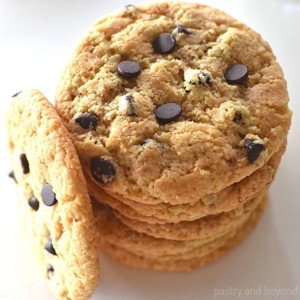 Stacked chocolate chip almond flour cookies.