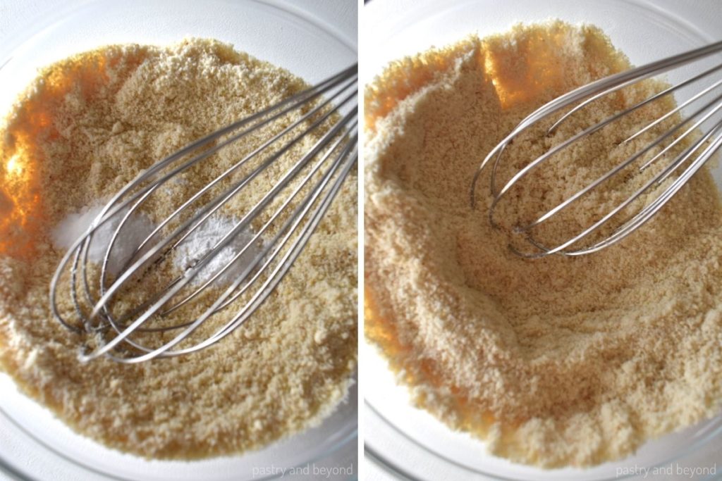 Collage of stirring almond flour, baking soda and baking powder in a bowl.