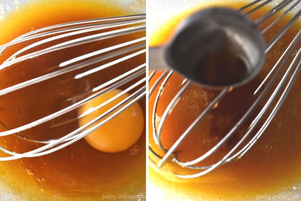 Collage of adding egg and vanilla extract into the wet mixture.