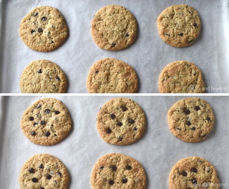 Collage for baked cookies and cookies with extra chocolate chips.