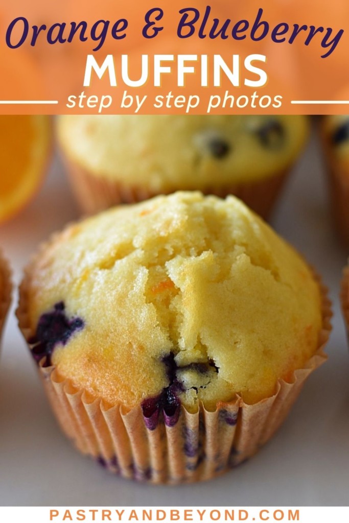 Orange blueberry muffins with text overlay.