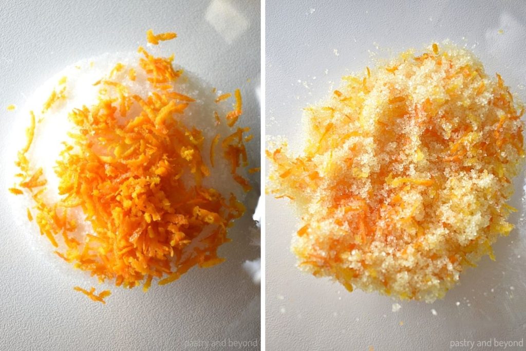 Collage thats shows before and after mixing orange zest and sugar.