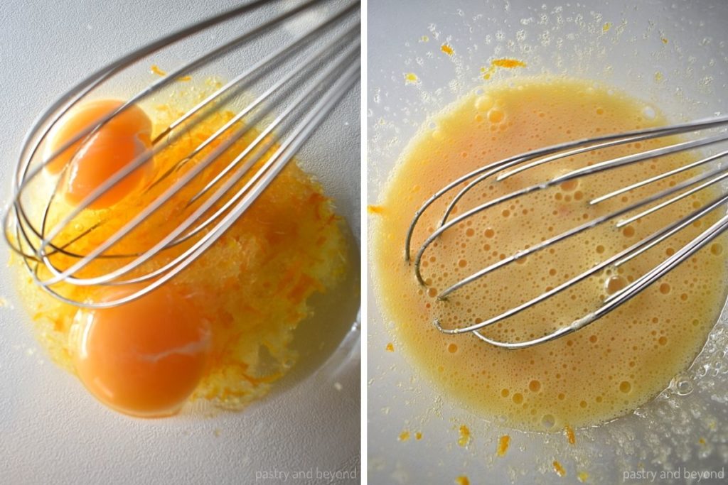 Collage for stirring eggs and sugar in a medium bowl with a whisk.