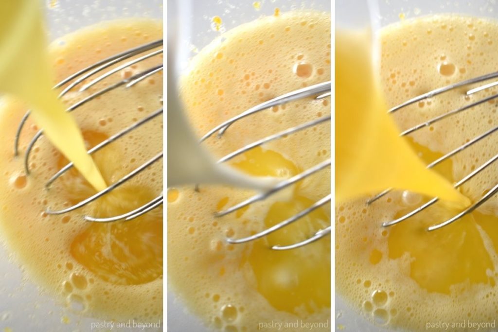 Collage for stirring melted butter, milk and orange juice.