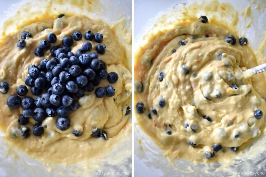 Collage of stirring in blueberries into the batter.