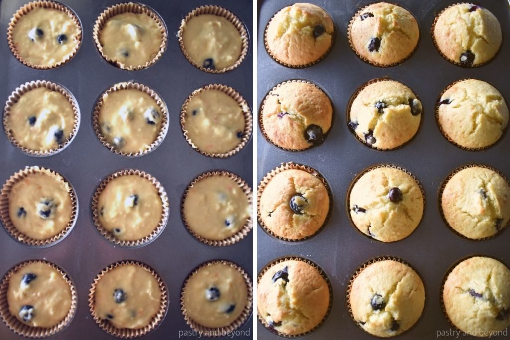 Collage for orange cranberry muffins before and after baked.