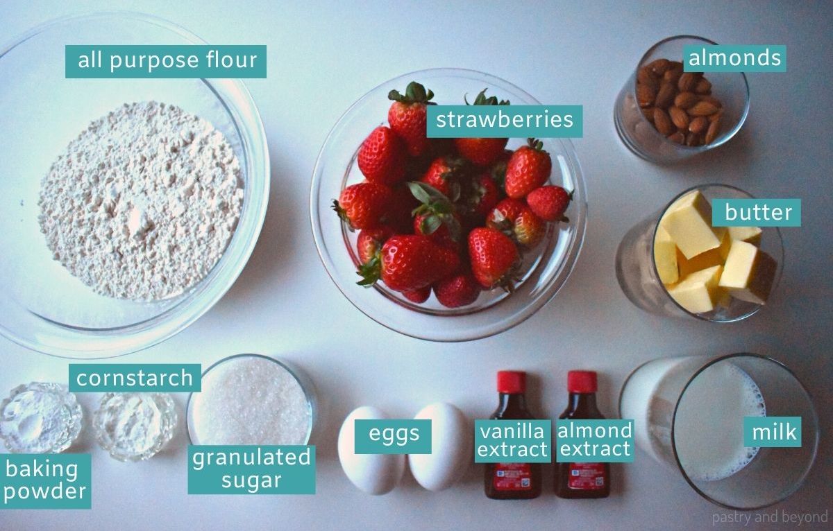 Ingredients for strawberry crumble cake with text overlay.