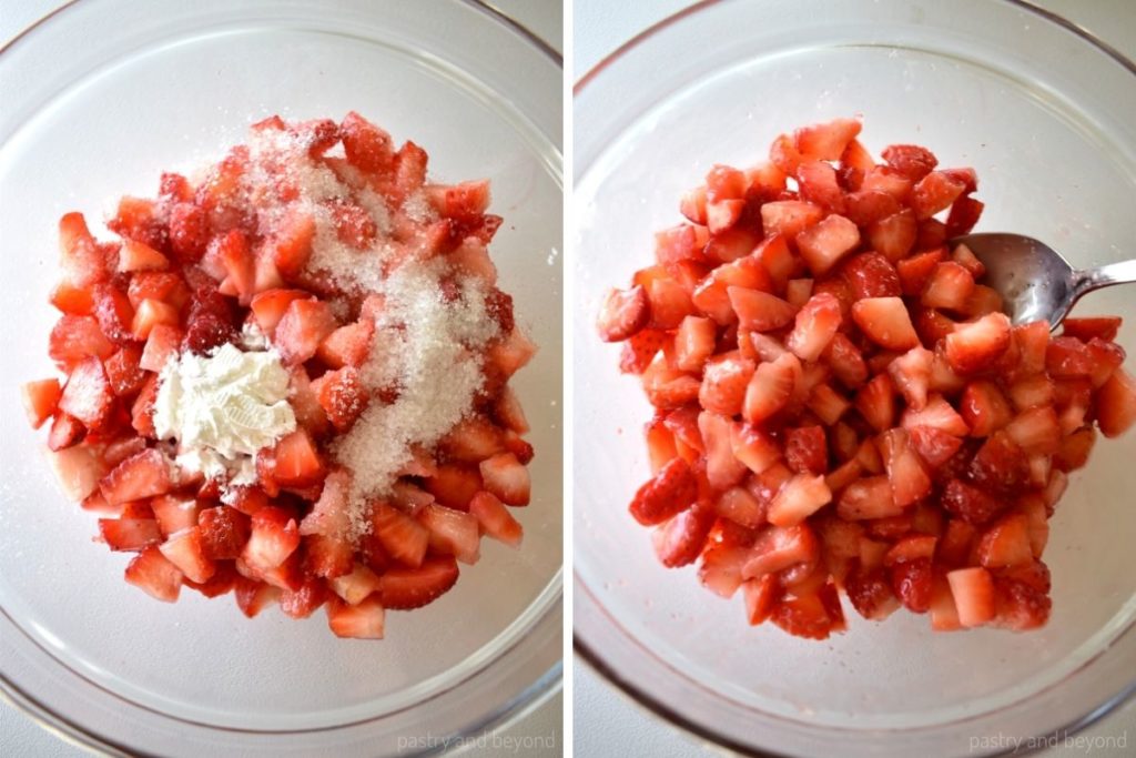 Collage of adding sugar and cornstarch over strawberries and stirring them.