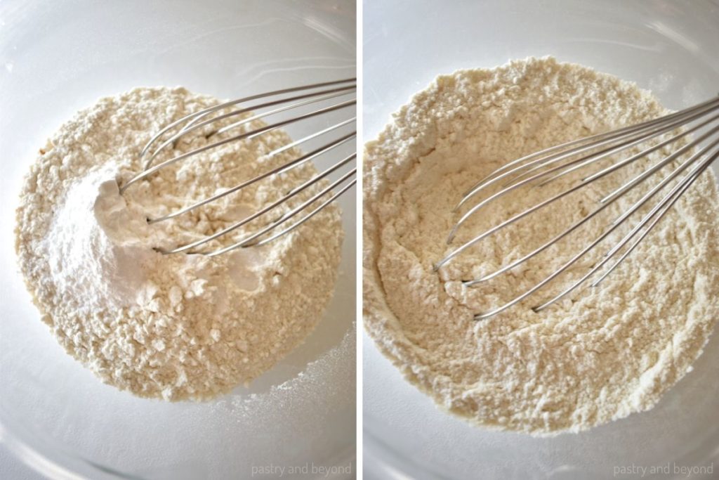 Collage of stirring flour, baking powder and salt in a bowl with a whisk.