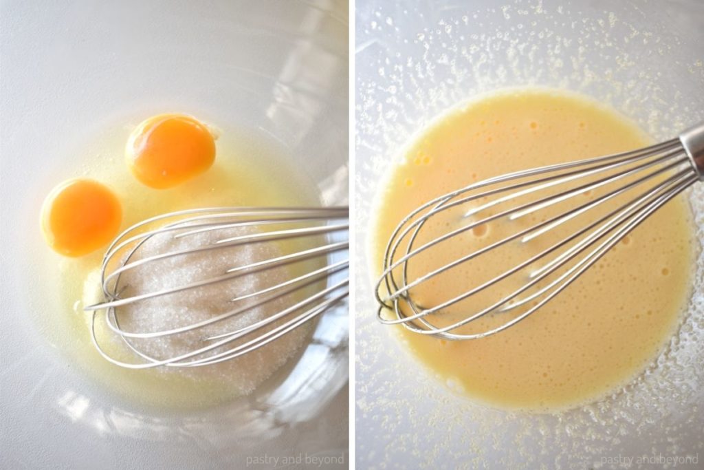 Collage of stirring eggs and sugar with a whisk.