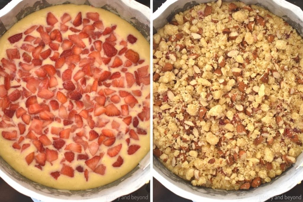 Collage of cake batter with strawberries and crumble topping in a cake pan.