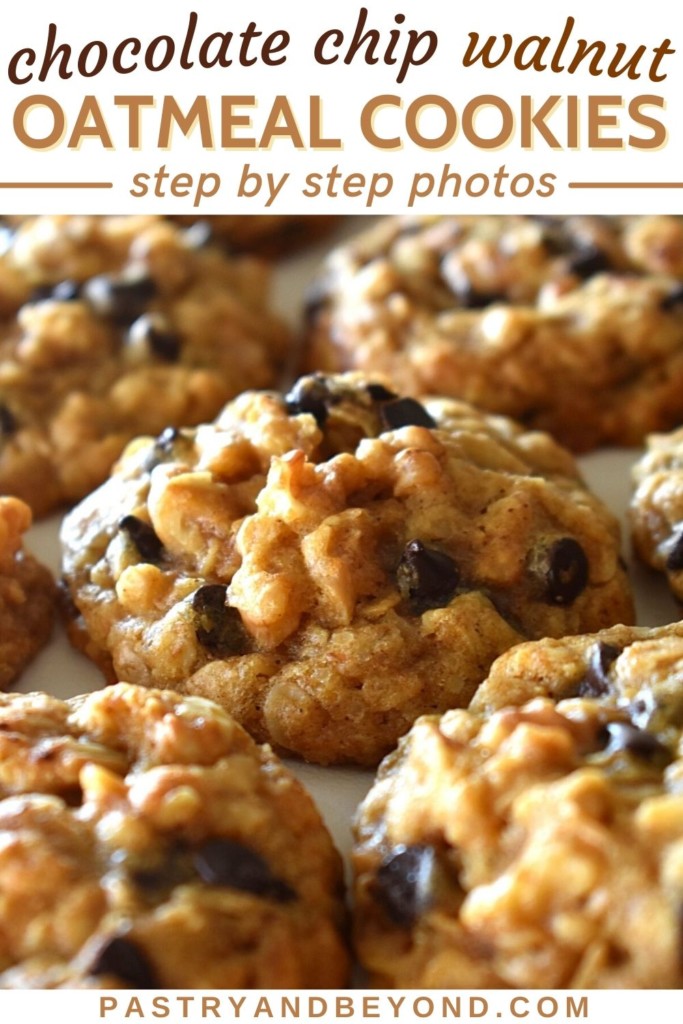 Walnut chocolate chip oatmeal cookies with text overlay.