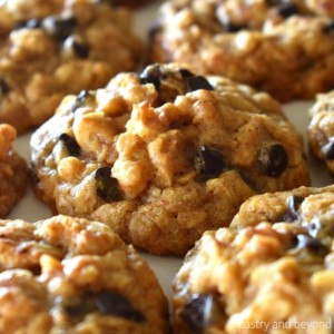 Walnut chocolate chip oatmeal cookies on a white surface.