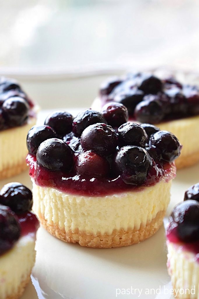 Mini cheesecakes with a blueberry sauce on top. 