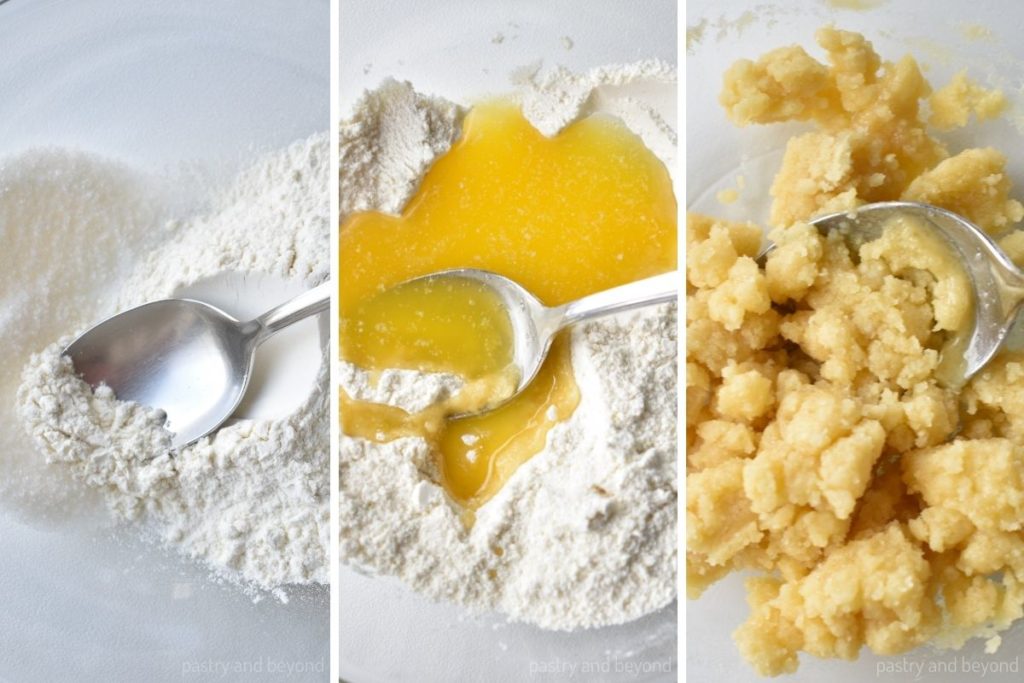 Collage of mixing flour and sugar and adding melter butter and stirring with a spoon.