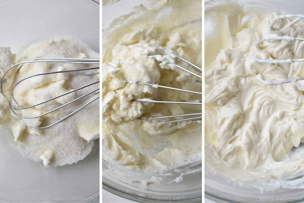 Collage for stirring cream cheese and sugar.