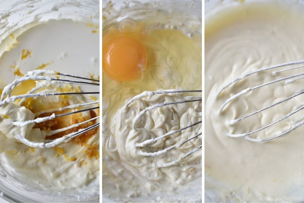 Collage of adding lemon zest, lemon juice, vanilla extract, heavy cream and egg and stirring.