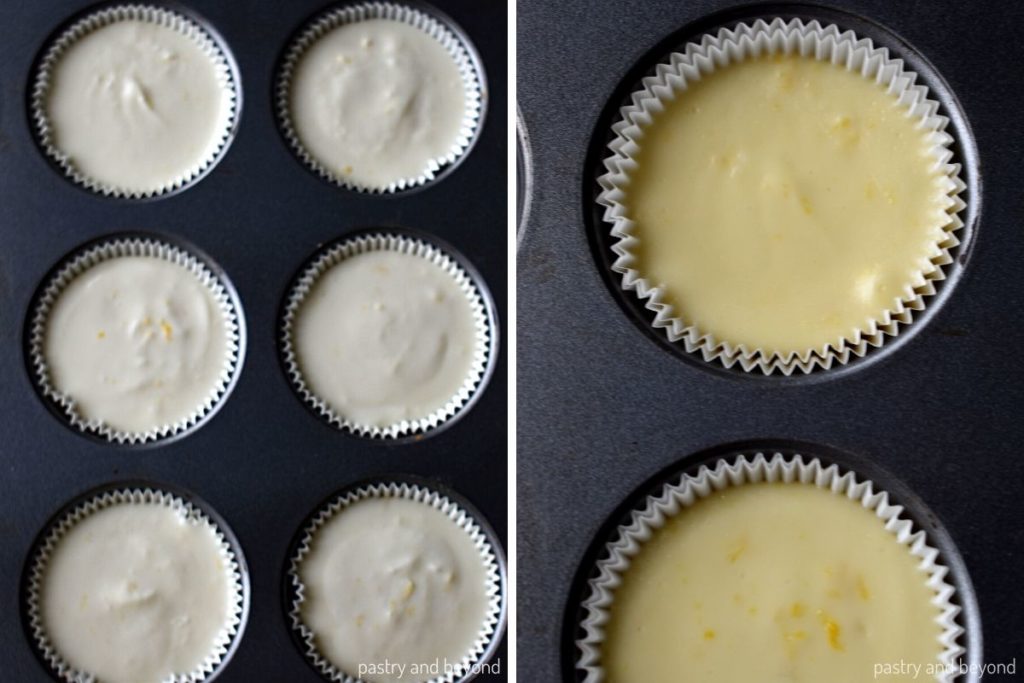 Side by side photos for unbaked and baked cheesecakes that are in a muffin. 