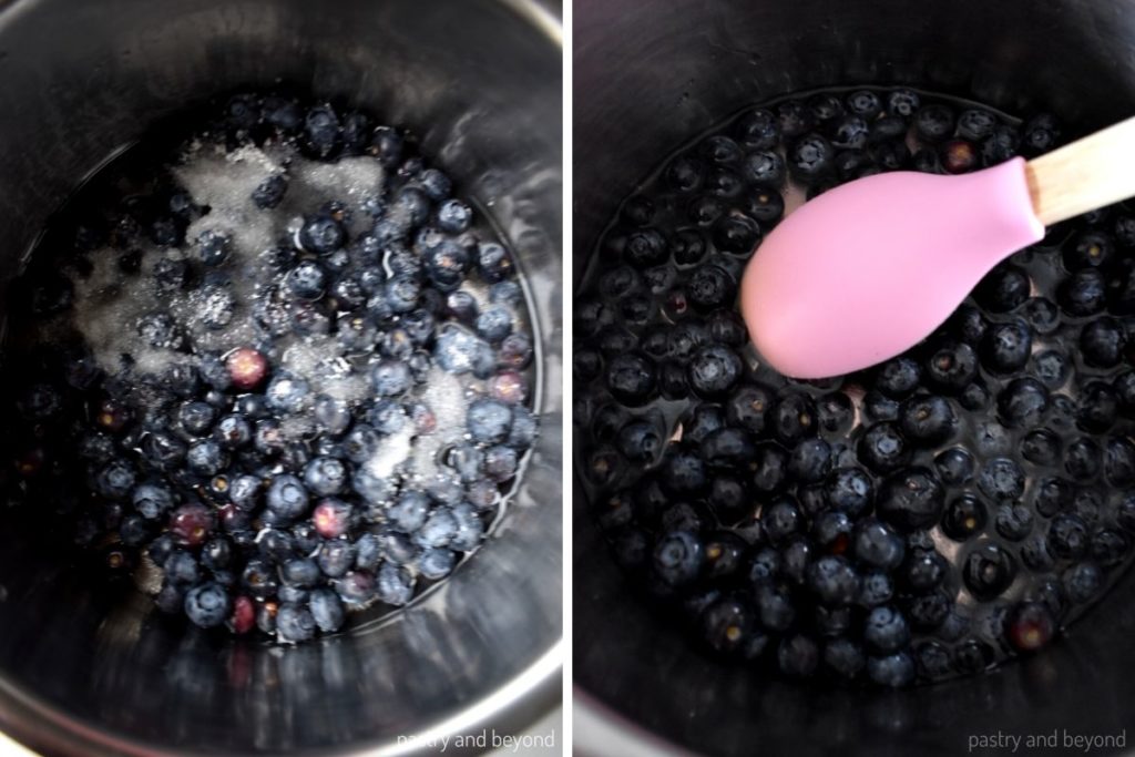 Collage of stirring blueberries, sugar, lemon and water in a saucepan.