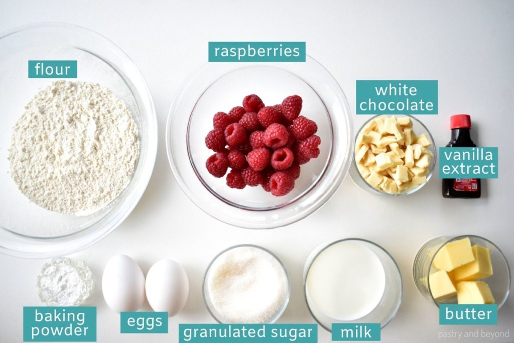 Ingredients for raspberry white chocolate cake loaf with text overlay.