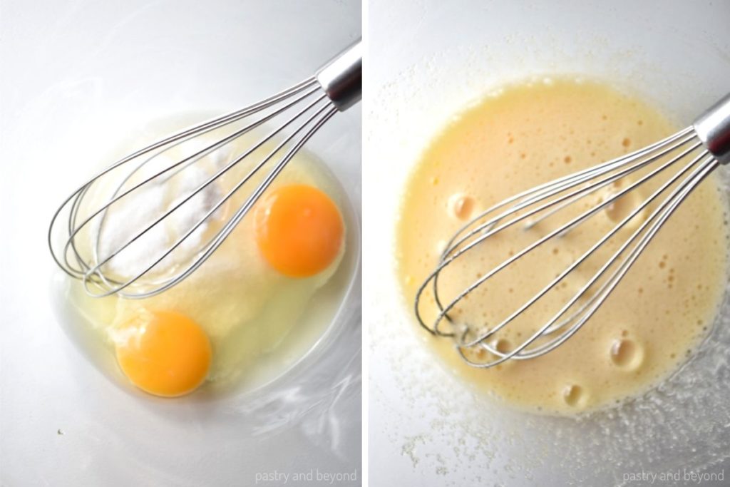 Collage of stirring eggs and sugar in a large glass bowl with a whisk.