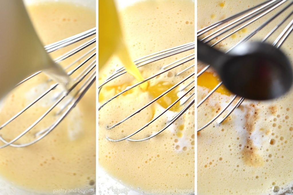 Collage of adding milk, melted butter and vanilla extract to the egg mixture.