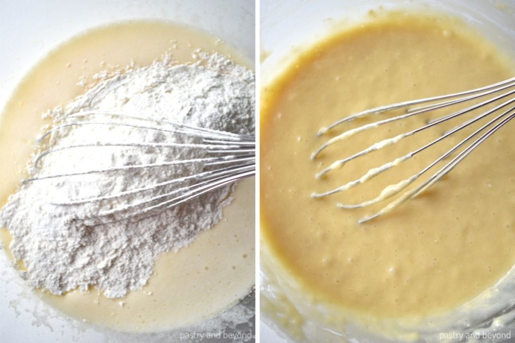 Collage of adding flour mixture over wet mixture and stirring.
