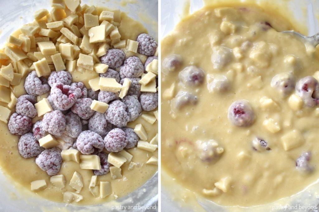 Collage of adding raspberries and white chocolate into the batter and stirring.