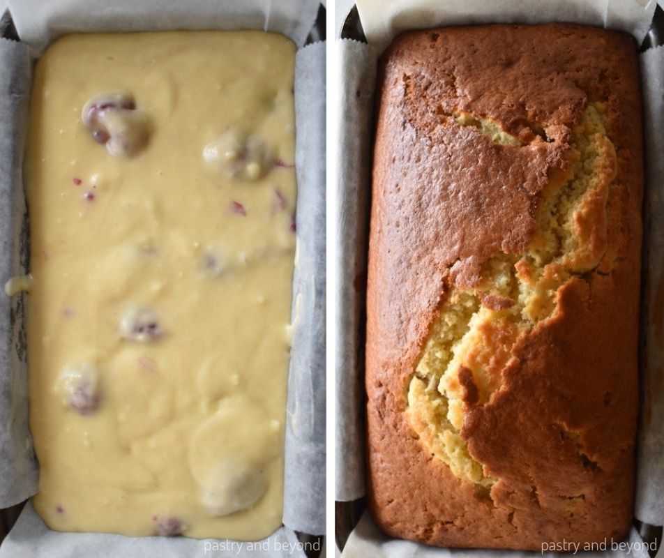 Collage of raspberry and white chocolate loaf cake before and after baked.