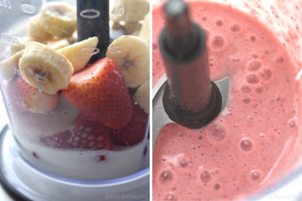 Collage for making strawberry banana smoothie in a blender.