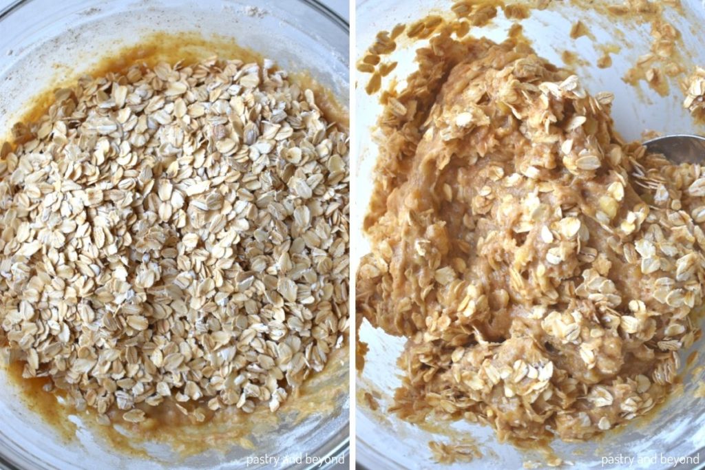 Collage of adding oatmeal and stirring with a spoon.