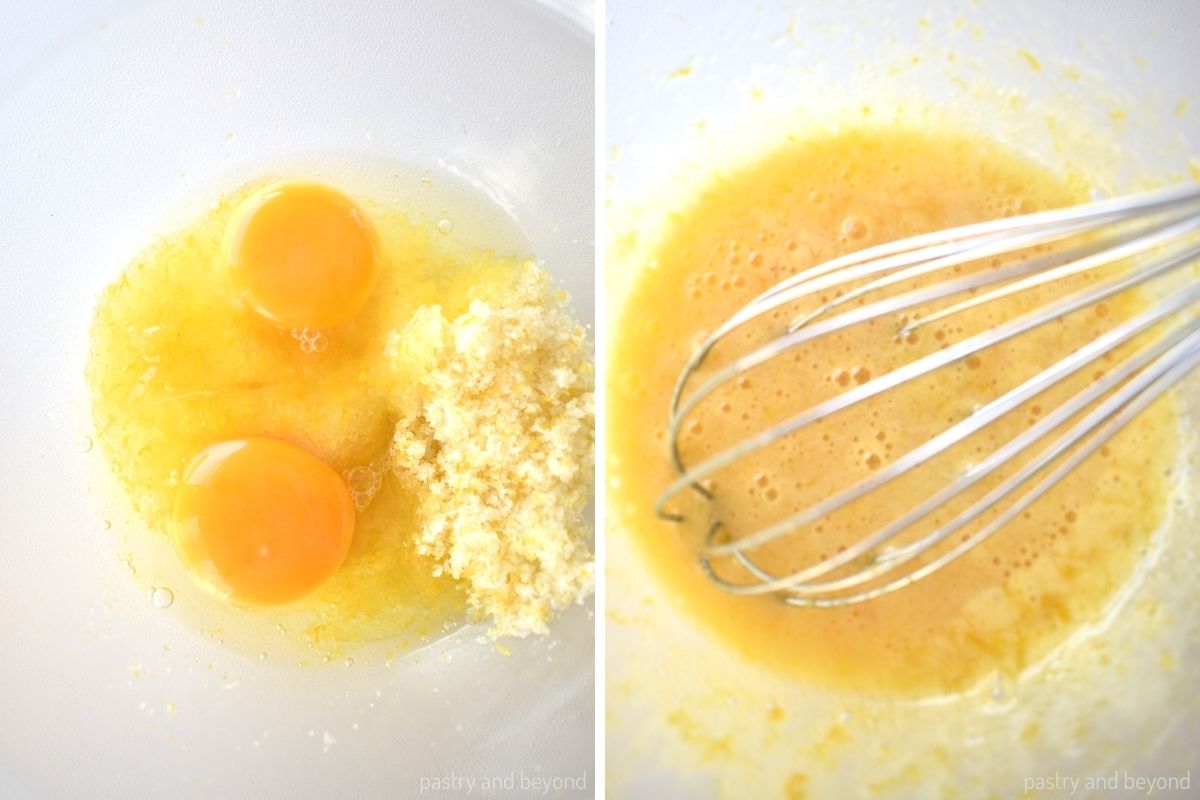Collage of stirring eggs and sugar with a whisk.