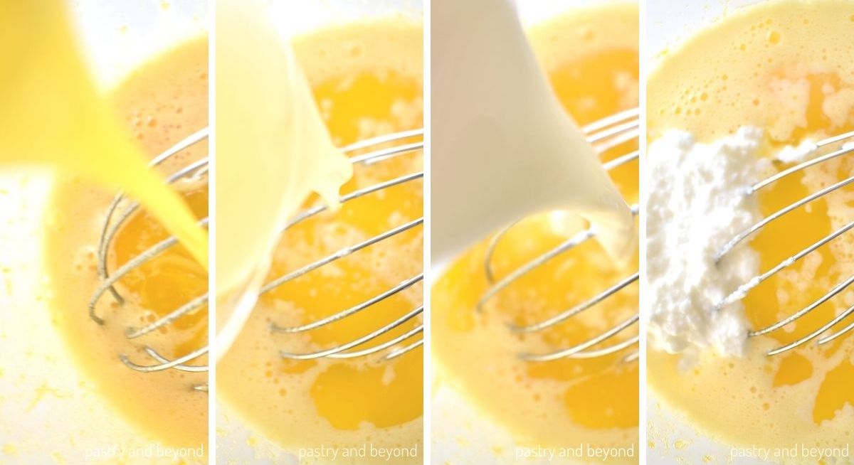 Collage of adding melted butter, lemon juice, milk and yogurt into the egg mixture.