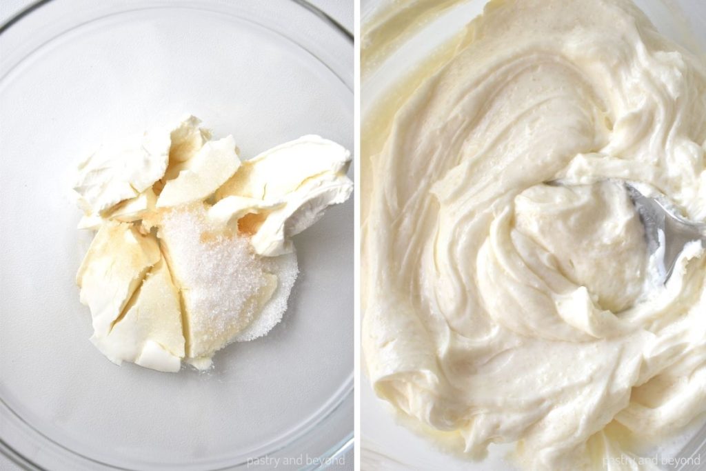 Collage of making cream cheese filling.