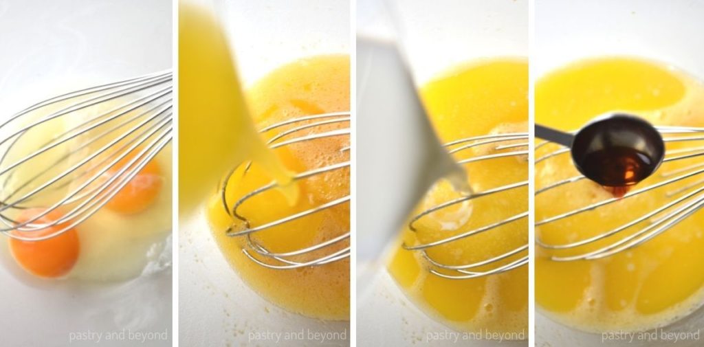 Collage of mixing wet ingredients in a bowl with a whisk.